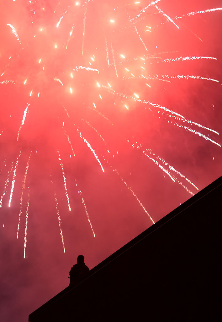 Columbia Fire Department Lieutenant Jeff Heidenreich watches the fireworks during the 67th annual Fire in the Sky celebration